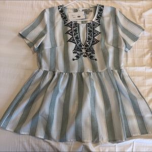 Peplum top green and cream w/ grey embroidery neck